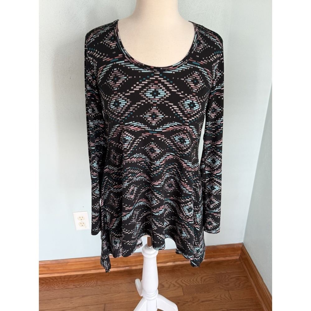 Karen Kane‎ Black Gemini Diamond Print Jersey Handkerchief Top Blouse Sz L